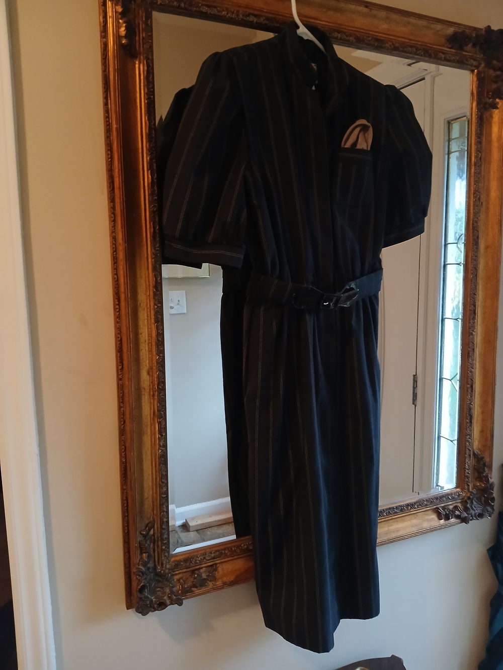 Vintage Black Pinstripe Belted Midi Dress With Pockets And A Patent Leather Belt